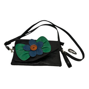 SAX Women’s Black Wristlet crossbody purse bag blue Flower magnetic snap zipper